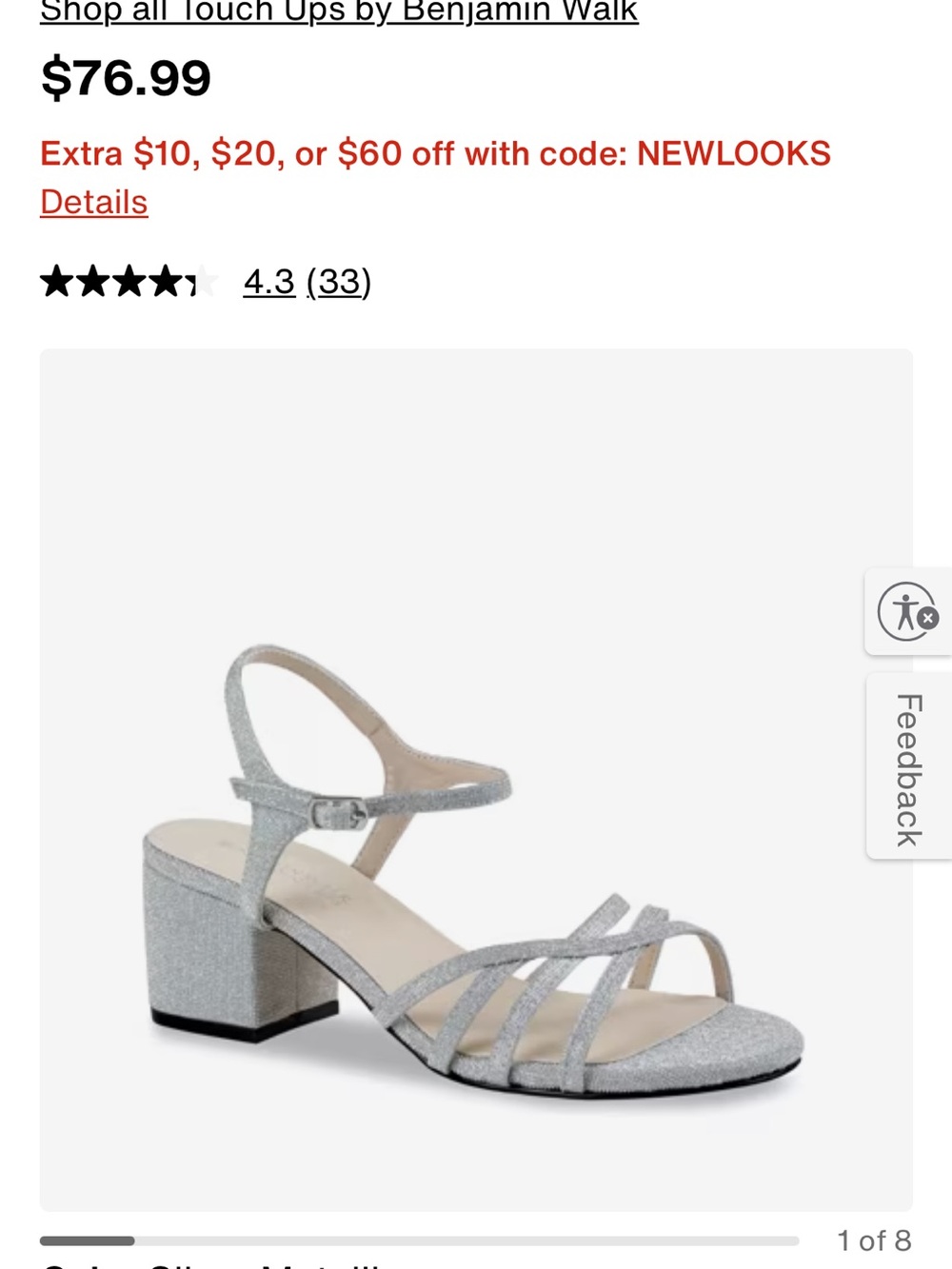 Benjamin Walk Silver Glitter Strappy Low Block Heel Sandal
